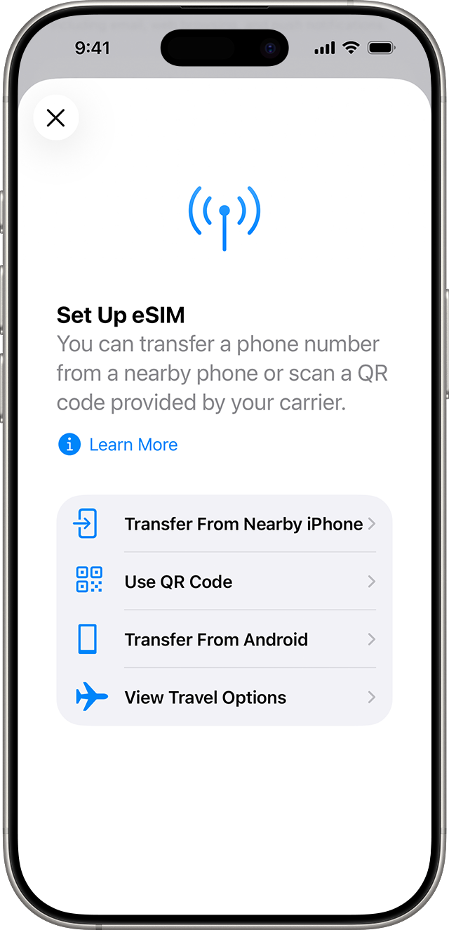 iOS系统添加eSIM与从附近iPhone传输界面